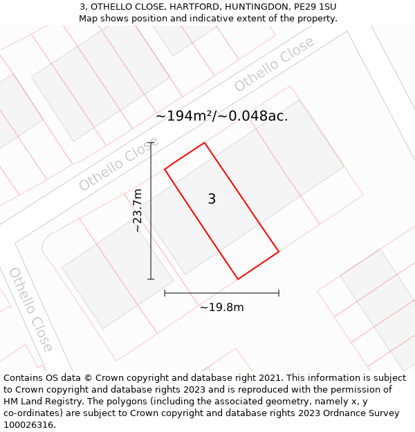 3, OTHELLO CLOSE, HARTFORD, HUNTINGDON, PE29 1SU: Plot and title map