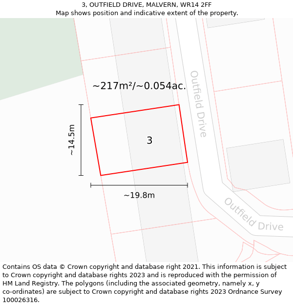 3, OUTFIELD DRIVE, MALVERN, WR14 2FF: Plot and title map