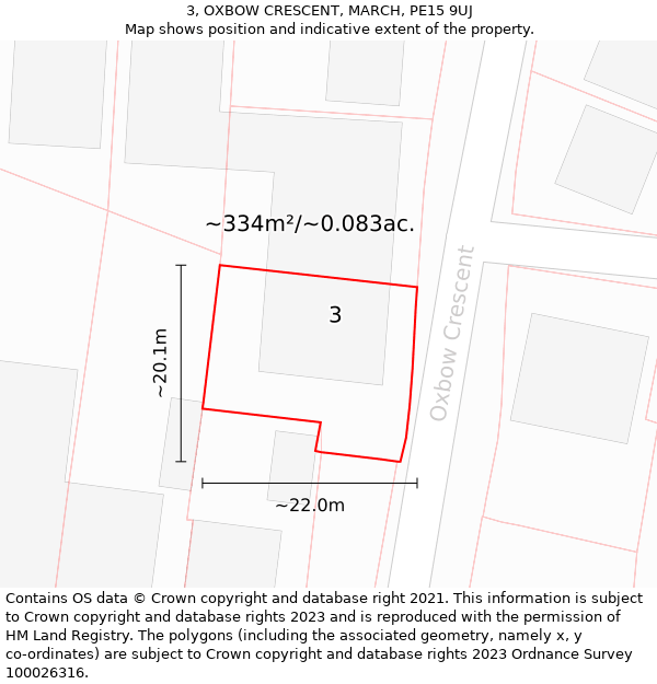 3, OXBOW CRESCENT, MARCH, PE15 9UJ: Plot and title map