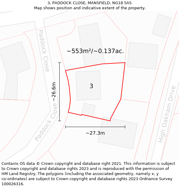 3, PADDOCK CLOSE, MANSFIELD, NG18 5AS: Plot and title map