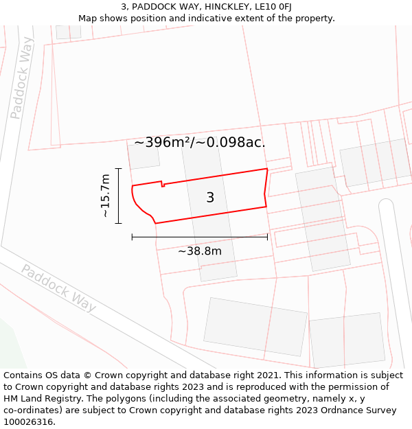 3, PADDOCK WAY, HINCKLEY, LE10 0FJ: Plot and title map