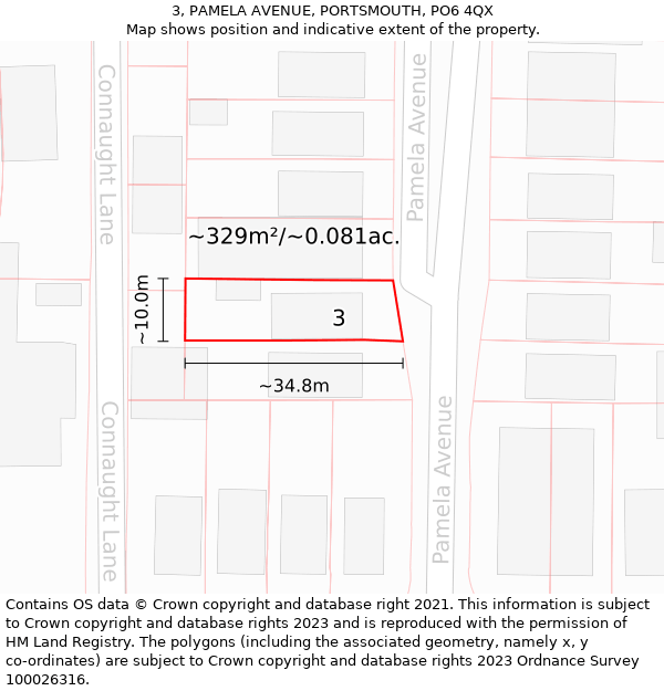 3, PAMELA AVENUE, PORTSMOUTH, PO6 4QX: Plot and title map