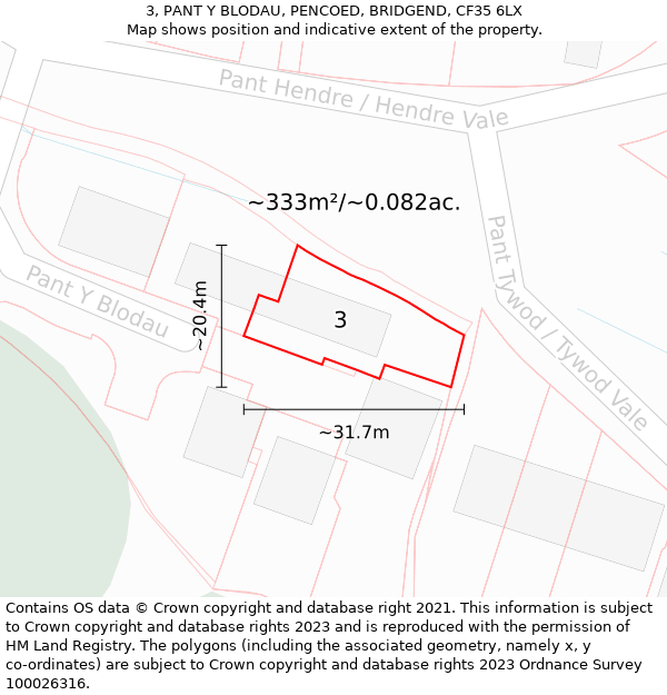 3, PANT Y BLODAU, PENCOED, BRIDGEND, CF35 6LX: Plot and title map