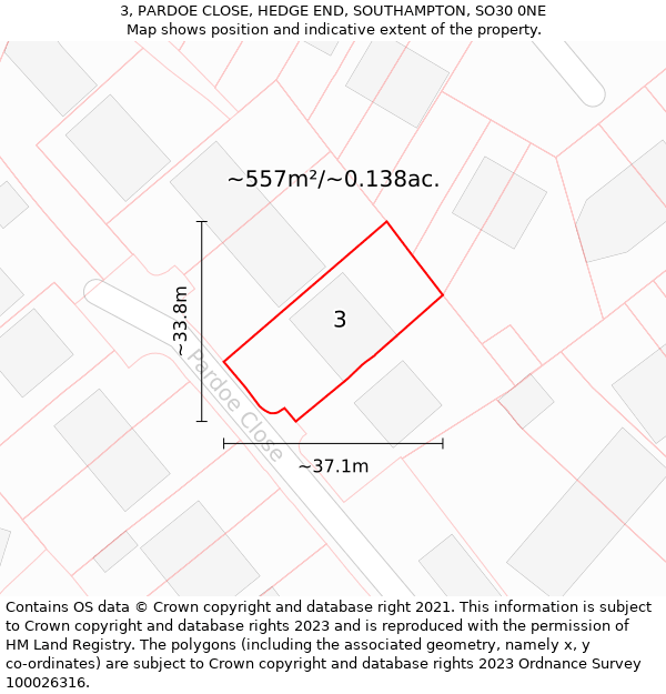 3, PARDOE CLOSE, HEDGE END, SOUTHAMPTON, SO30 0NE: Plot and title map