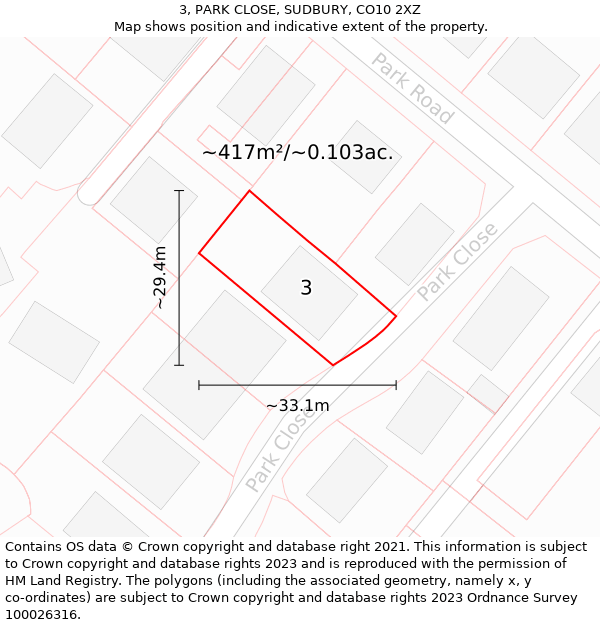 3, PARK CLOSE, SUDBURY, CO10 2XZ: Plot and title map