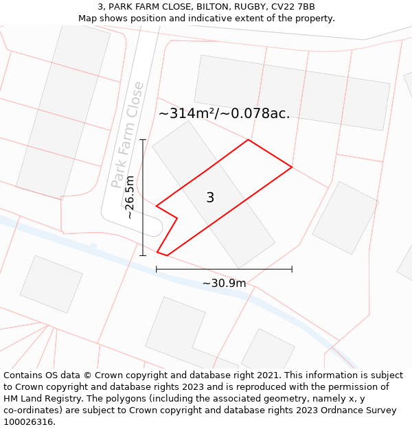 3, PARK FARM CLOSE, BILTON, RUGBY, CV22 7BB: Plot and title map
