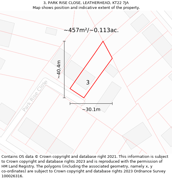 3, PARK RISE CLOSE, LEATHERHEAD, KT22 7JA: Plot and title map