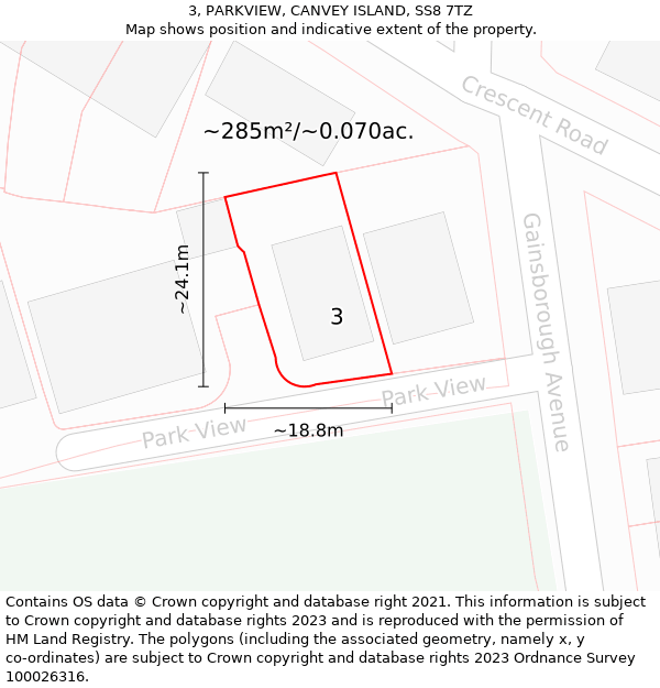 3, PARKVIEW, CANVEY ISLAND, SS8 7TZ: Plot and title map