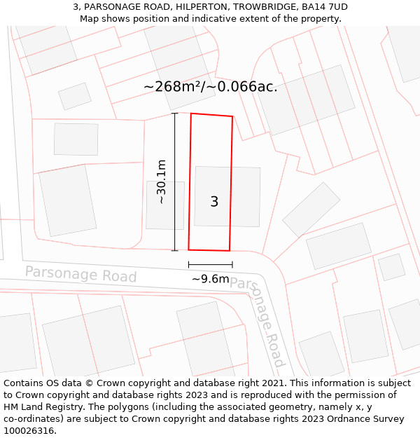 3, PARSONAGE ROAD, HILPERTON, TROWBRIDGE, BA14 7UD: Plot and title map