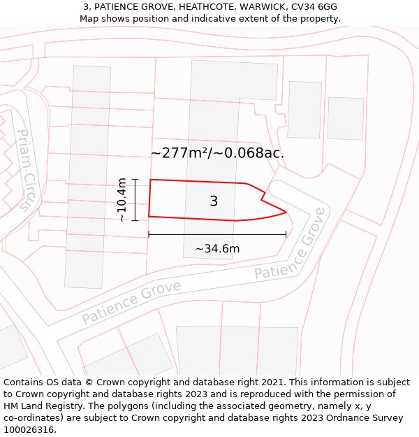 3, PATIENCE GROVE, HEATHCOTE, WARWICK, CV34 6GG: Plot and title map