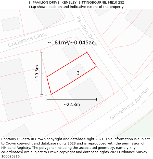 3, PAVILION DRIVE, KEMSLEY, SITTINGBOURNE, ME10 2SZ: Plot and title map