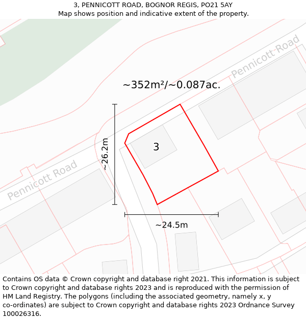 3, PENNICOTT ROAD, BOGNOR REGIS, PO21 5AY: Plot and title map