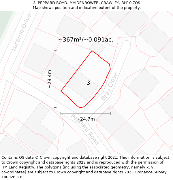 3, PEPPARD ROAD, MAIDENBOWER, CRAWLEY, RH10 7QS: Plot and title map