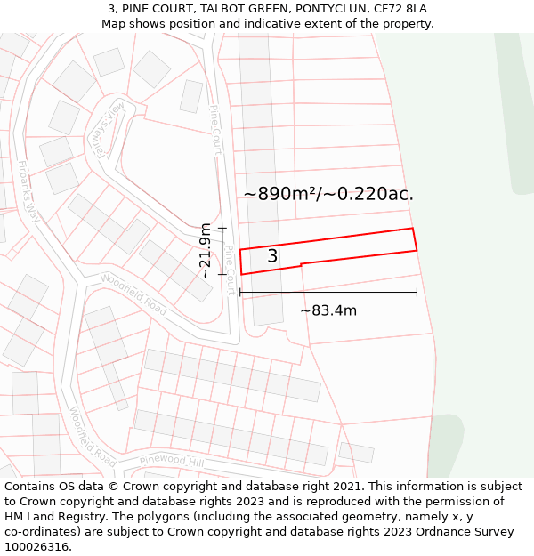 3, PINE COURT, TALBOT GREEN, PONTYCLUN, CF72 8LA: Plot and title map