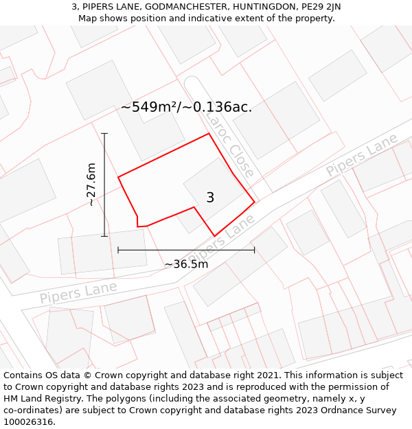 3, PIPERS LANE, GODMANCHESTER, HUNTINGDON, PE29 2JN: Plot and title map