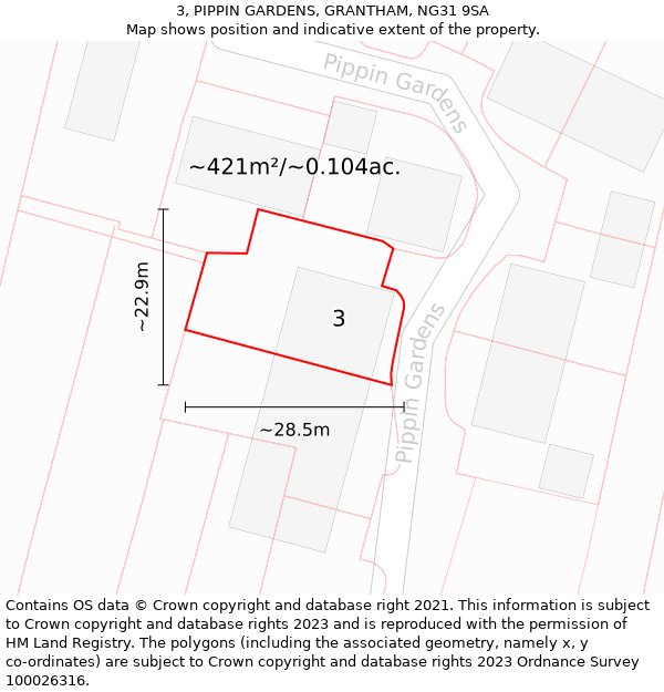 3, PIPPIN GARDENS, GRANTHAM, NG31 9SA: Plot and title map