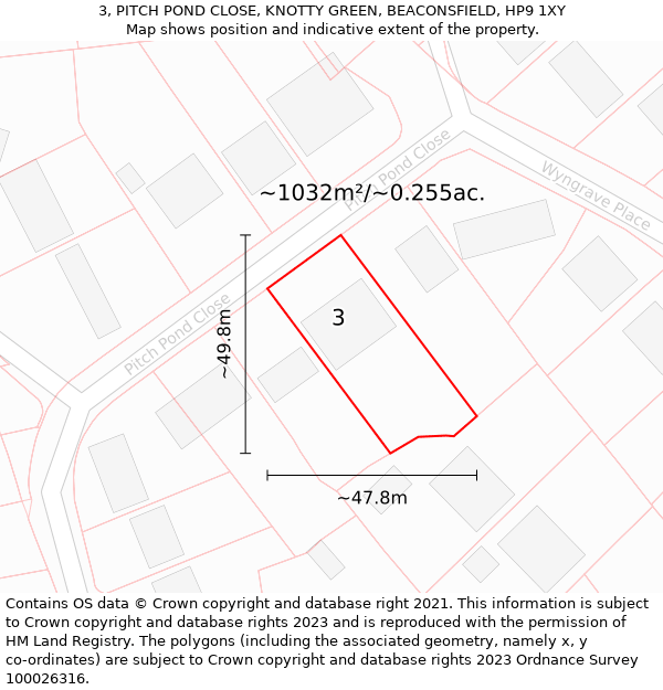 3, PITCH POND CLOSE, KNOTTY GREEN, BEACONSFIELD, HP9 1XY: Plot and title map