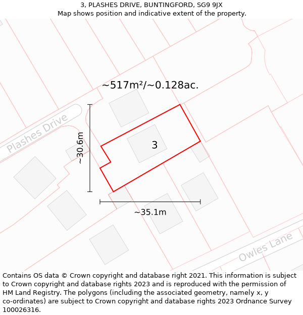 3, PLASHES DRIVE, BUNTINGFORD, SG9 9JX: Plot and title map