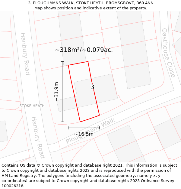 3, PLOUGHMANS WALK, STOKE HEATH, BROMSGROVE, B60 4NN: Plot and title map