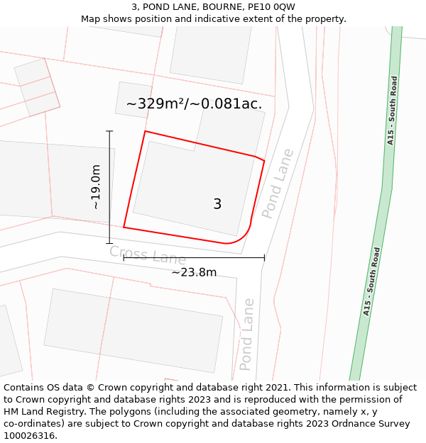 3, POND LANE, BOURNE, PE10 0QW: Plot and title map