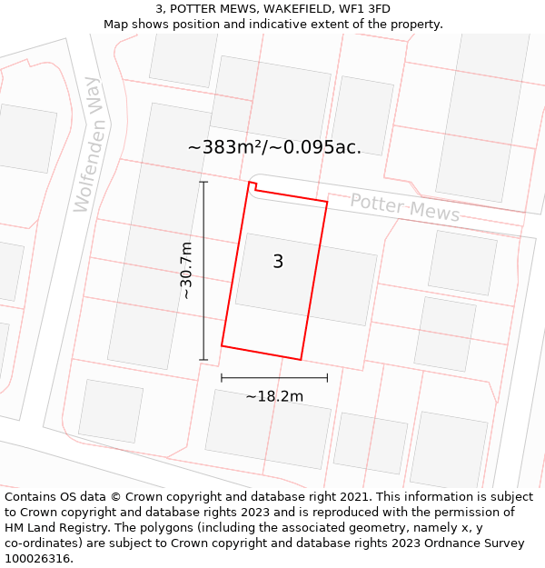 3, POTTER MEWS, WAKEFIELD, WF1 3FD: Plot and title map