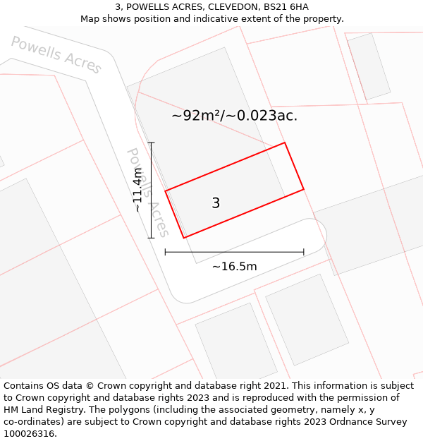 3, POWELLS ACRES, CLEVEDON, BS21 6HA: Plot and title map