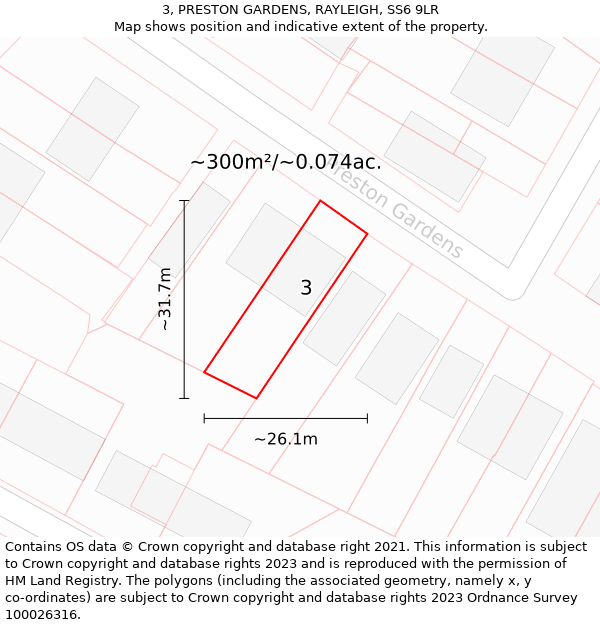 3, PRESTON GARDENS, RAYLEIGH, SS6 9LR: Plot and title map