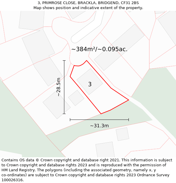 3, PRIMROSE CLOSE, BRACKLA, BRIDGEND, CF31 2BS: Plot and title map