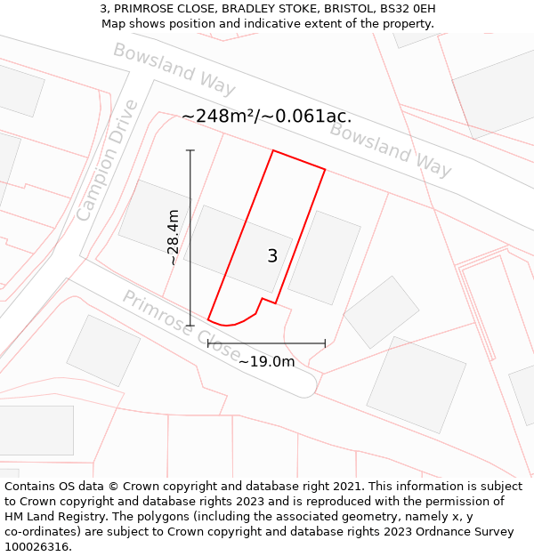 3, PRIMROSE CLOSE, BRADLEY STOKE, BRISTOL, BS32 0EH: Plot and title map