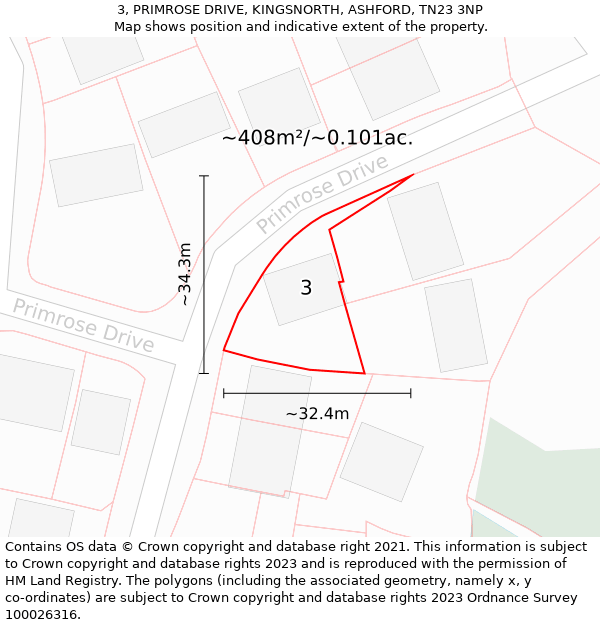 3, PRIMROSE DRIVE, KINGSNORTH, ASHFORD, TN23 3NP: Plot and title map