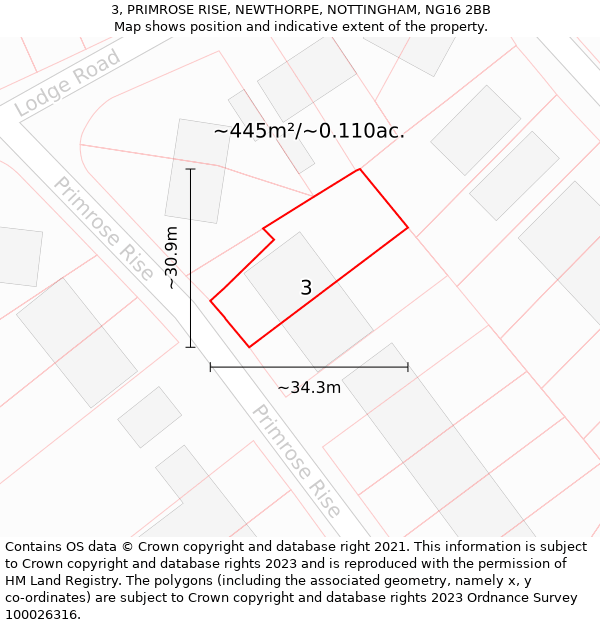 3, PRIMROSE RISE, NEWTHORPE, NOTTINGHAM, NG16 2BB: Plot and title map