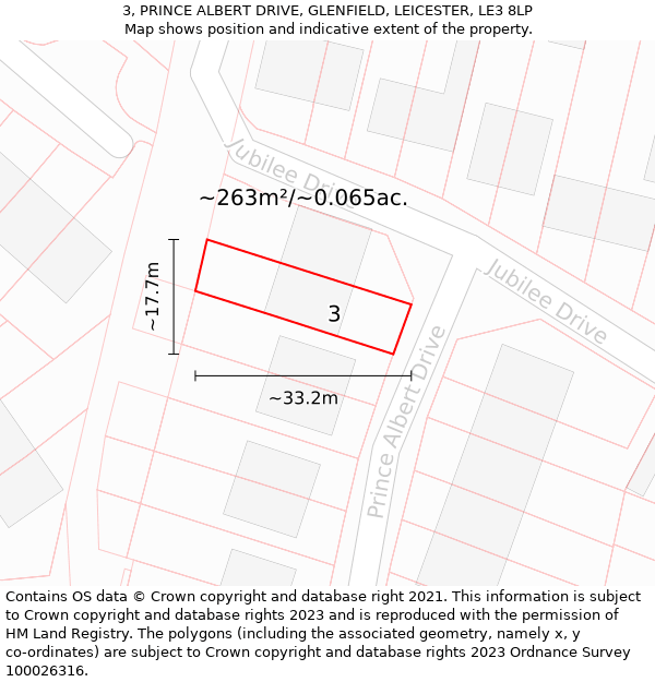 3, PRINCE ALBERT DRIVE, GLENFIELD, LEICESTER, LE3 8LP: Plot and title map