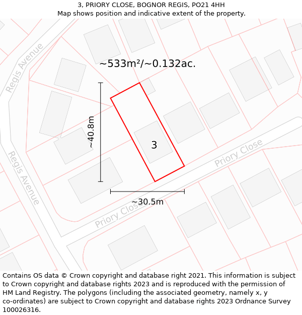 3, PRIORY CLOSE, BOGNOR REGIS, PO21 4HH: Plot and title map