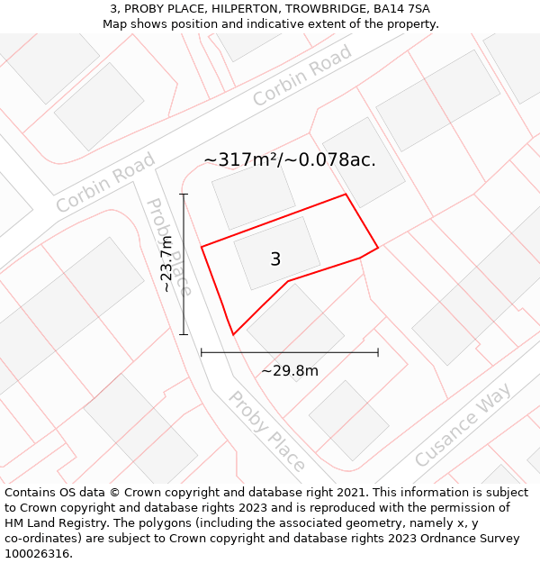 3, PROBY PLACE, HILPERTON, TROWBRIDGE, BA14 7SA: Plot and title map