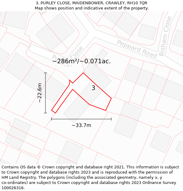 3, PURLEY CLOSE, MAIDENBOWER, CRAWLEY, RH10 7QR: Plot and title map