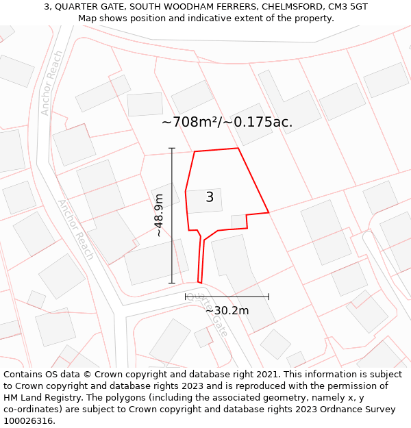 3, QUARTER GATE, SOUTH WOODHAM FERRERS, CHELMSFORD, CM3 5GT: Plot and title map