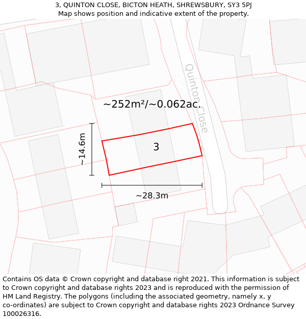 3, QUINTON CLOSE, BICTON HEATH, SHREWSBURY, SY3 5PJ: Plot and title map