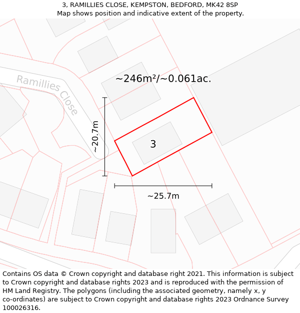 3, RAMILLIES CLOSE, KEMPSTON, BEDFORD, MK42 8SP: Plot and title map