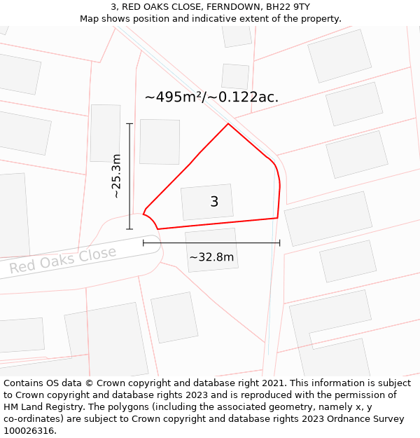 3, RED OAKS CLOSE, FERNDOWN, BH22 9TY: Plot and title map