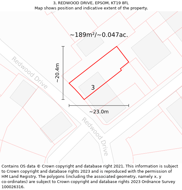 3, REDWOOD DRIVE, EPSOM, KT19 8FL: Plot and title map