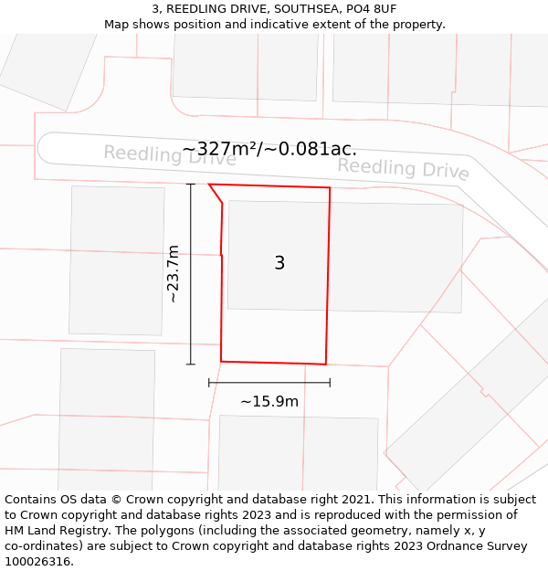 3, REEDLING DRIVE, SOUTHSEA, PO4 8UF: Plot and title map