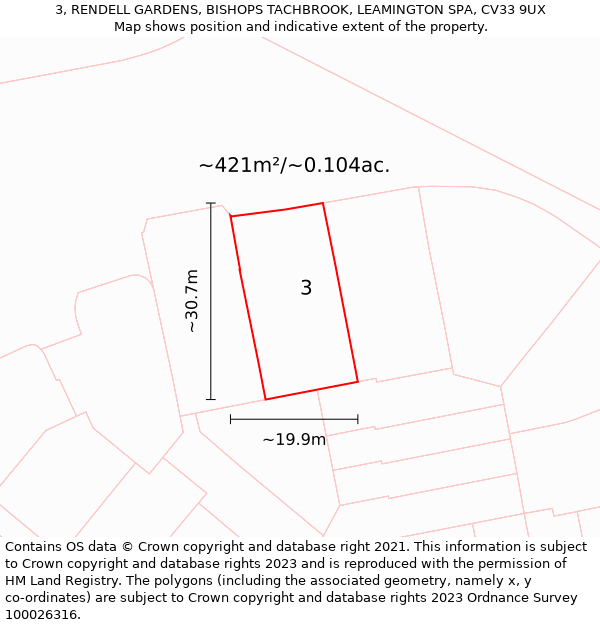 3, RENDELL GARDENS, BISHOPS TACHBROOK, LEAMINGTON SPA, CV33 9UX: Plot and title map