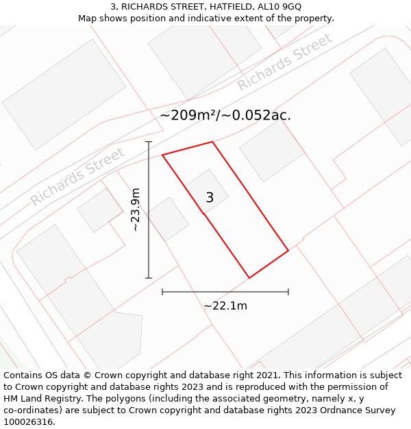 3, RICHARDS STREET, HATFIELD, AL10 9GQ: Plot and title map