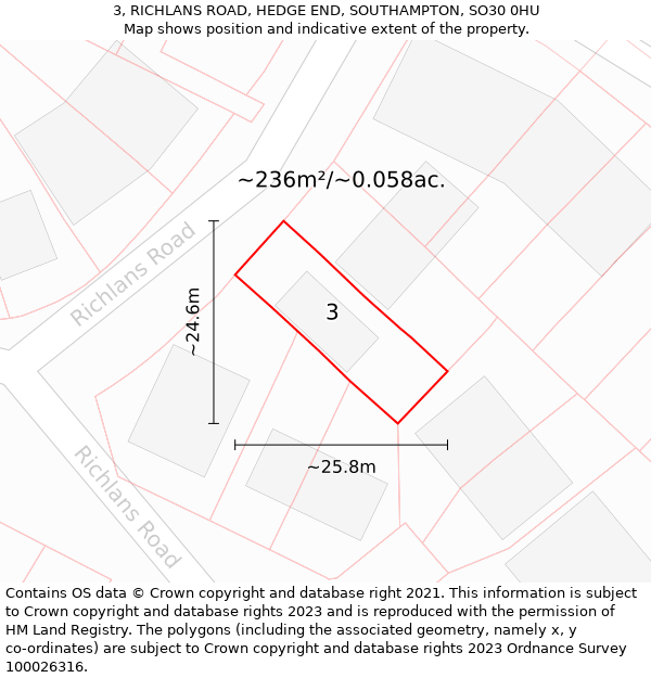 3, RICHLANS ROAD, HEDGE END, SOUTHAMPTON, SO30 0HU: Plot and title map