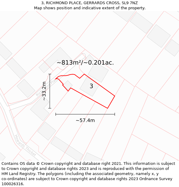 3, RICHMOND PLACE, GERRARDS CROSS, SL9 7NZ: Plot and title map