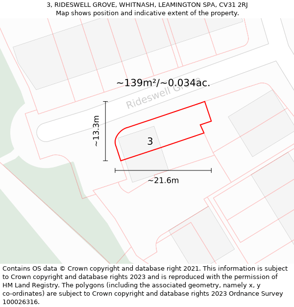 3, RIDESWELL GROVE, WHITNASH, LEAMINGTON SPA, CV31 2RJ: Plot and title map