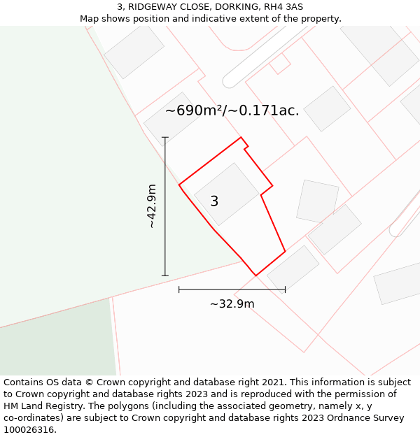 3, RIDGEWAY CLOSE, DORKING, RH4 3AS: Plot and title map