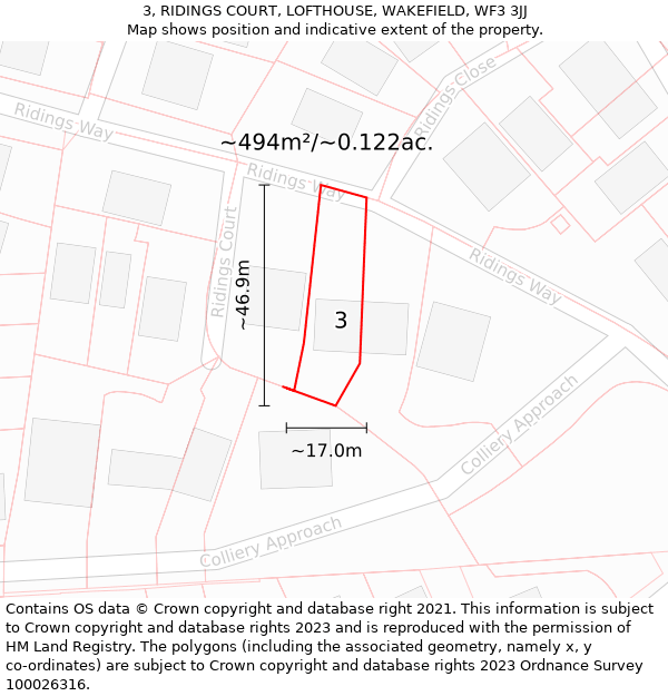 3, RIDINGS COURT, LOFTHOUSE, WAKEFIELD, WF3 3JJ: Plot and title map
