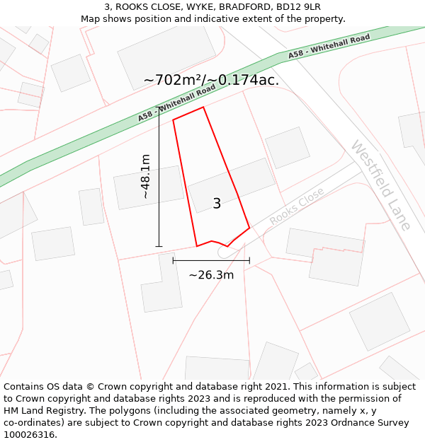 3, ROOKS CLOSE, WYKE, BRADFORD, BD12 9LR: Plot and title map