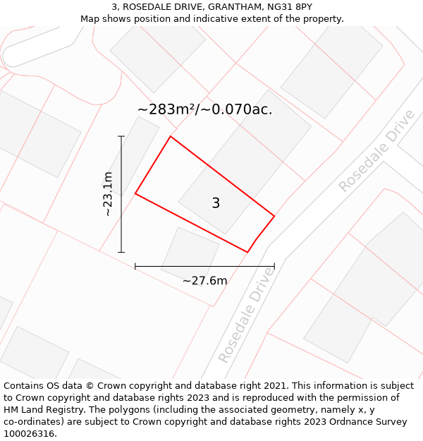 3, ROSEDALE DRIVE, GRANTHAM, NG31 8PY: Plot and title map